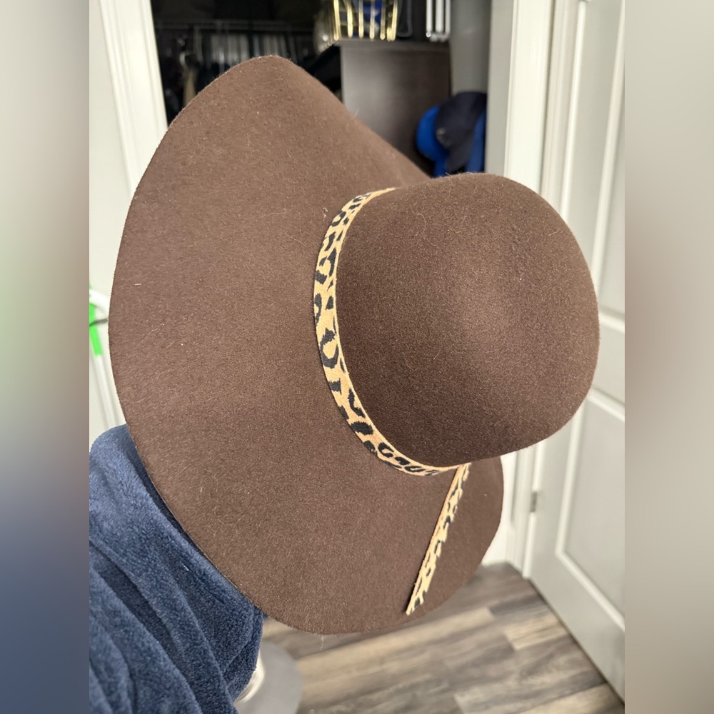 Jessica McClintock Tan and Brown Wide-Brim Hat with Gold Chain